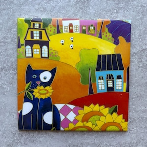 Trivet Ceramic tile square landscape cat sunflowers art print ceramic backsplash tile