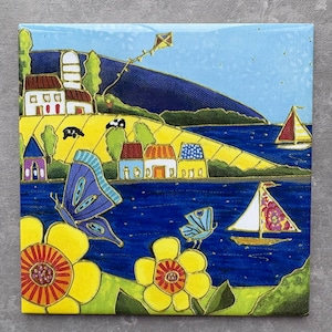Trivet ceramic tile colourful landscape sea sailboat butterfly yellow flower square trivet art print backsplash tile