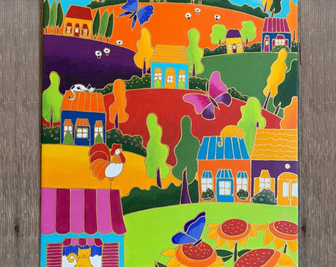 Original acrylic painting on canvas landscape colourful house cat flower butterfly rooster sheep