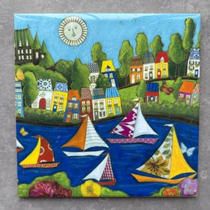 Trivet Ceramic tile colourful house landscape sailing race square ceramic art print backsplash tile
