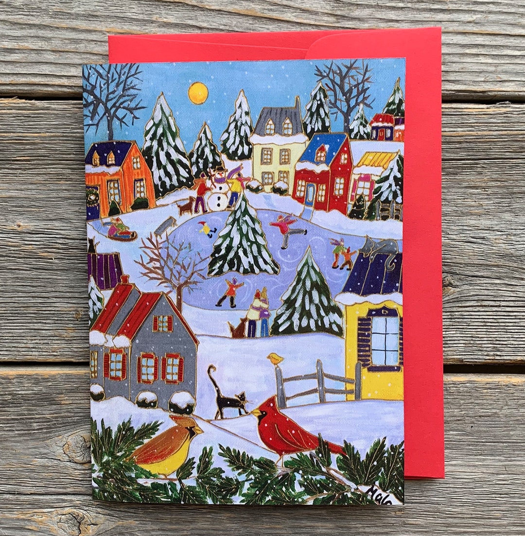 Greeting Card Landscape Winter Village Scene Skating Gift Card