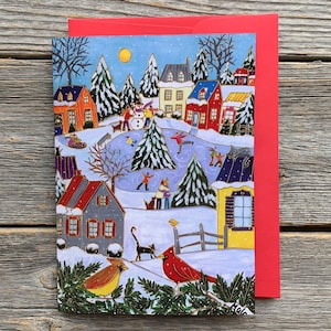 Greeting card landscape winter village scene skating gift card christmas card