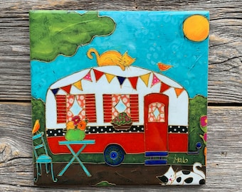Ceramic tile wall Art, camping car square trivet ceramic frame wall art ceramic