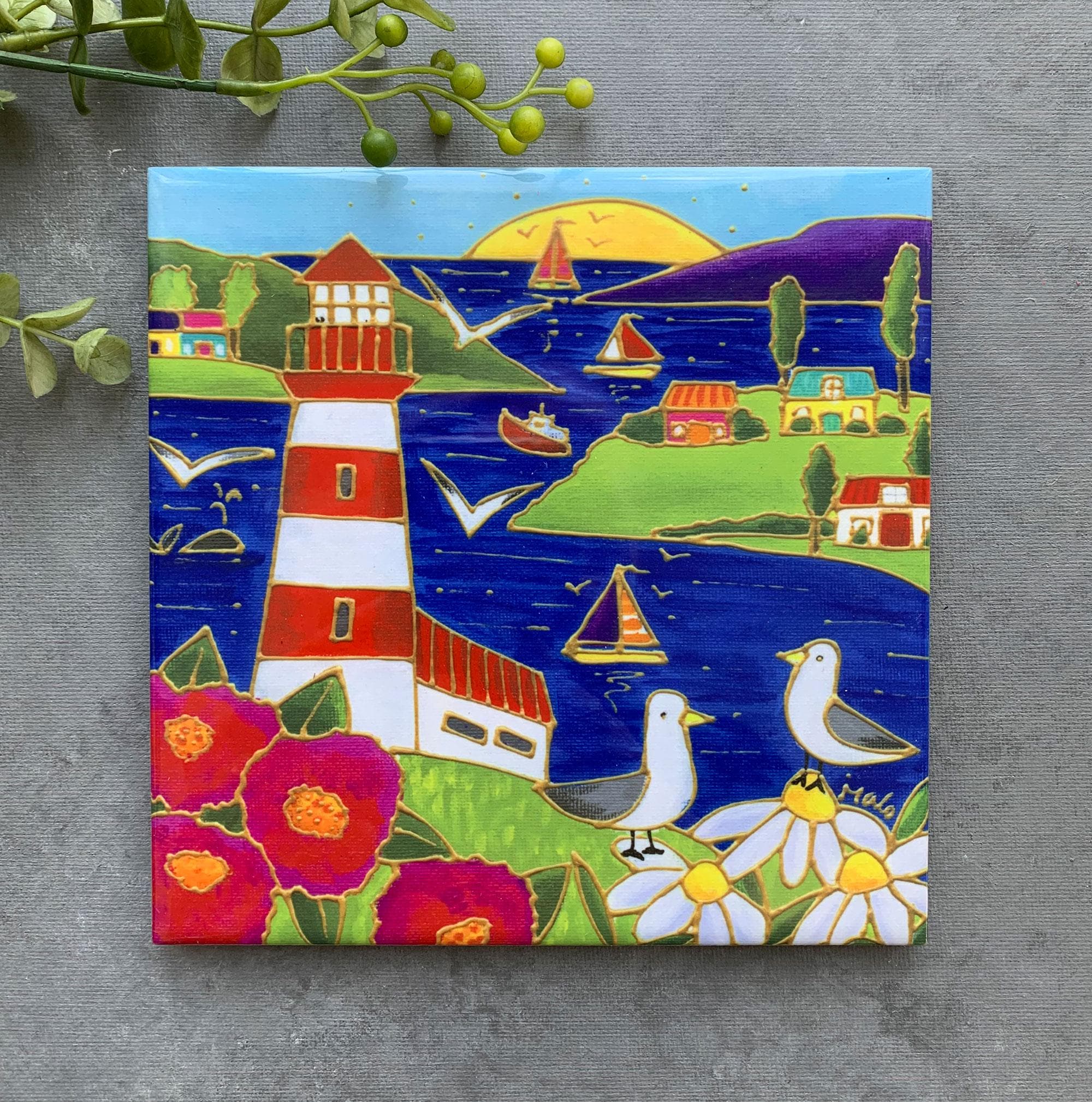 Petit Tableau Vintage Phare - Paysage Sous Verre Avec Cadre Jaune - Bon état