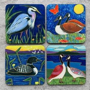 Set of Coasters wood cork great blue heron goose duck loonie