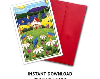 Om PDF + JPEG af te drukken download caarte verjaardag landschap huis bloem merel blauwe madeliefje meer zeilboot kaart feestcadeau