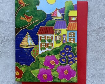 Birthday card landscape house seaside pink flower lake sailboat party card gift