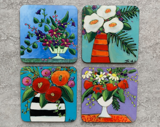 Set of Coasters wood cork colourful flower vase