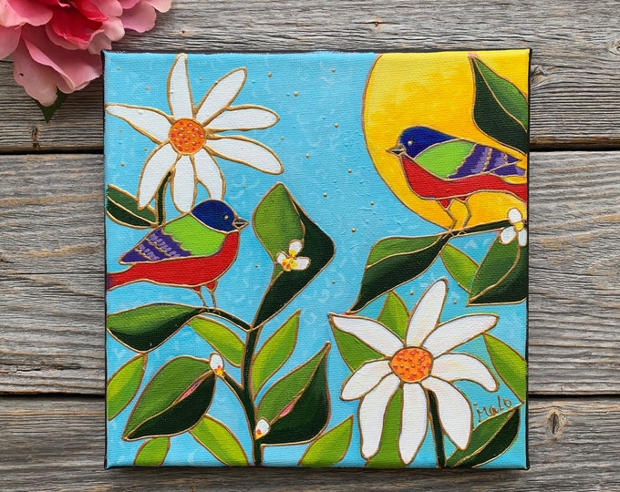 Original acrylic painting on canvas tree color bird white flower sun