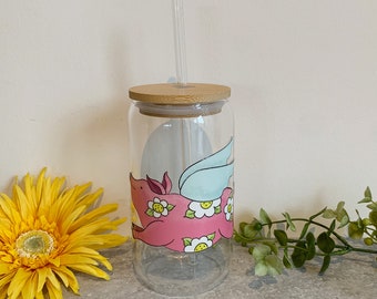 Glass tumbler with bamboo lid pink flying pig 16 oz Beer Can glass Hot and Cold glass soda can shape