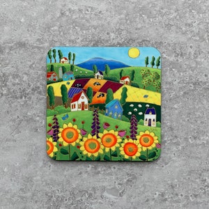 Set of Coasters wood cork landscape colourful house blue bird sunflower colourful flower daisy image 4