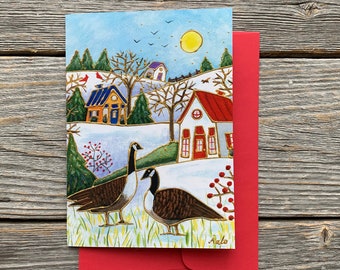 Greeting card winter landscape scene Canada Goose