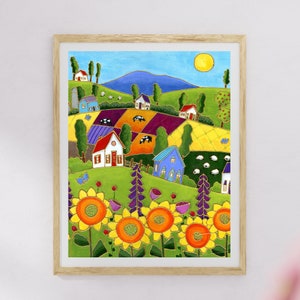 Poster wall decoration sunflower landscape colourful houses