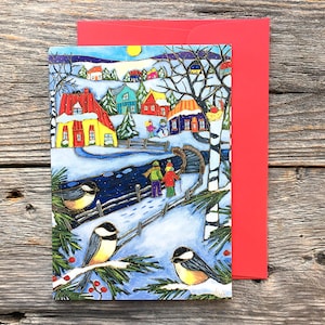 Greeting card winter village scene chickadee gift card