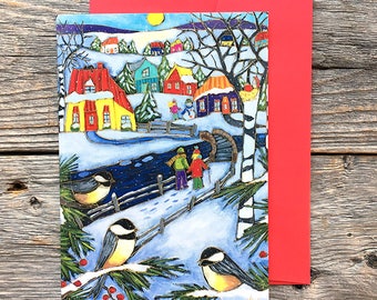 Greeting card winter village scene chickadee gift card