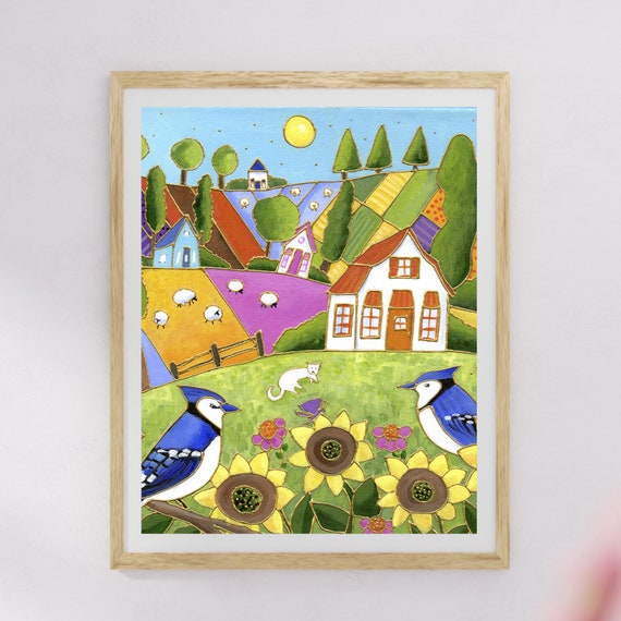 Poster wall decoration landscape colourful houses blue jay sunflower sheep