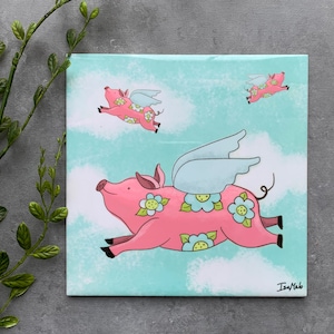 Flying pig illustration trivet flying pig Ceramic tile