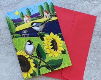 Greeting card landscape colourful houses chickadee sunflowers lake