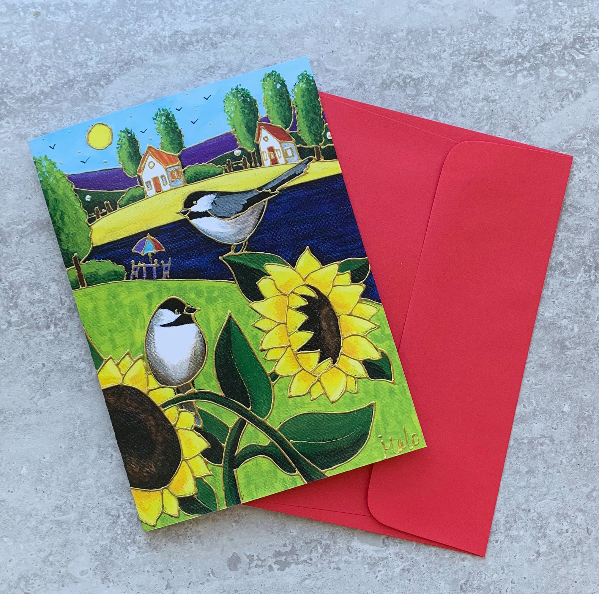 Greeting card landscape colourful houses chickadee sunflowers lake