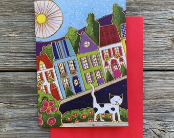 Greeting card colourful houses cat