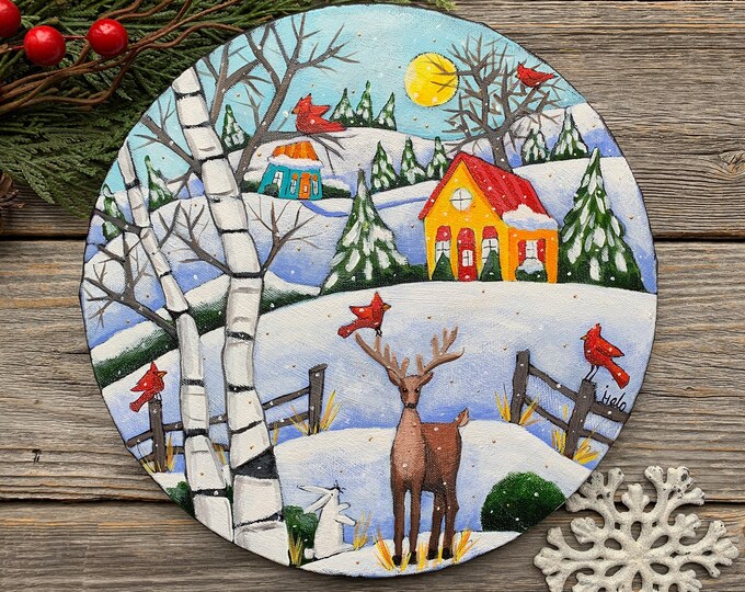 Original acrylic painting on round canvas winter landscape deer rabbit red cardinal