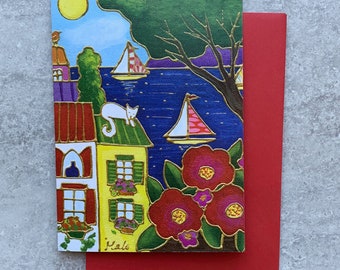 Birthday card landscape house seaside cat red flower lake sailboat party card gift