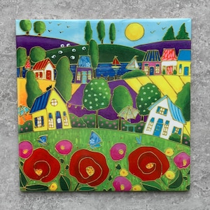 Ceramic tile square trivet colourful house landscape red flower lake sailboat backsplash tile