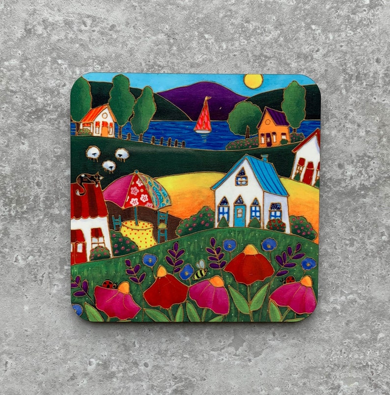 Set of Coasters wood cork landscape colourful house blue bird sunflower colourful flower daisy image 3