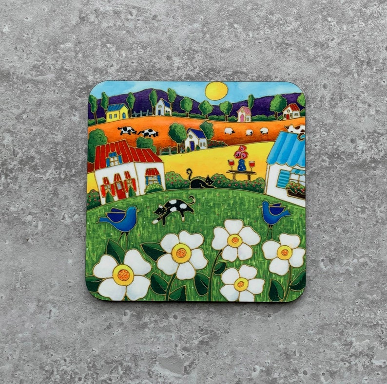 Set of Coasters wood cork landscape colourful house blue bird sunflower colourful flower daisy image 5