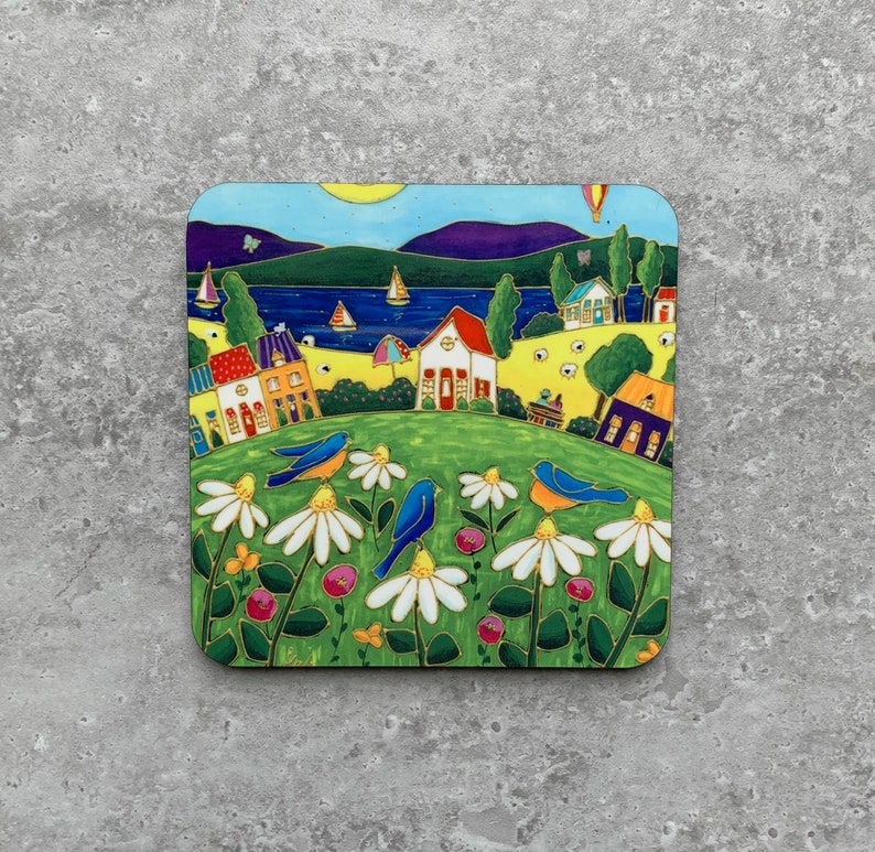 Set of Coasters wood cork landscape colourful house blue bird sunflower colourful flower daisy image 2