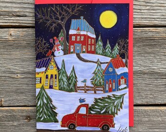 Greeting card,  red truck, christmas tree, winter scene, 5” x 7”, by artist Isabelle Malo