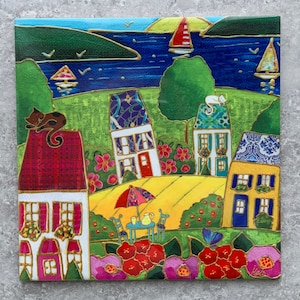 Ceramic tile trivet colourful house sailboat square trivet art print ceramic