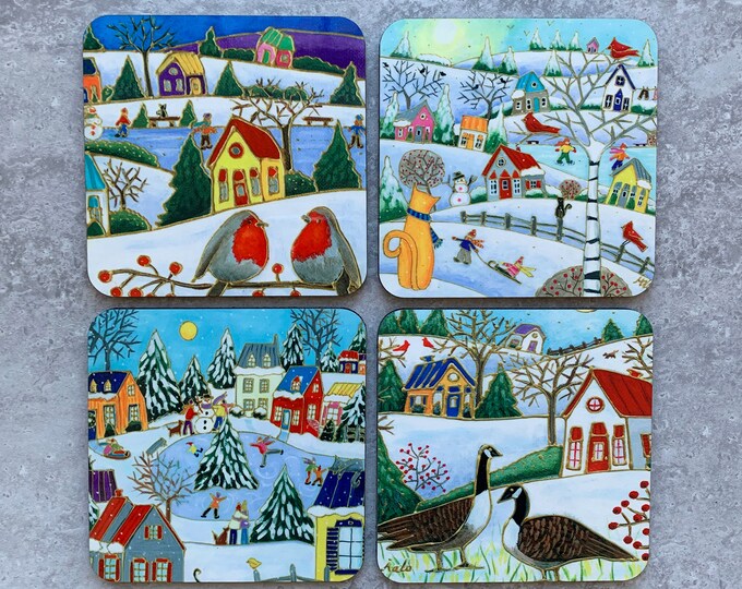 Set of 4 Coasters colourful winter scene landscape colourful house goose people skating bird cat