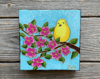 Original acrylic painting on canvas yellow bird pink flower bird lover