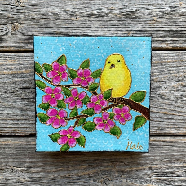 Original acrylic painting on canvas yellow bird pink flower bird lover