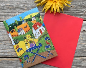 Greeting card colourful country landscape table sunflower