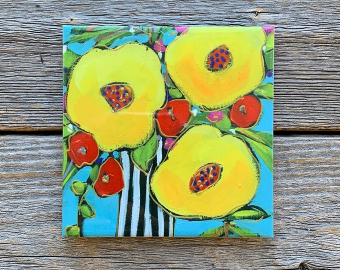 Ceramic tile Coaster yellow and red flower black and white vase blue background
