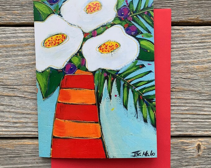 Greeting card bred and orange flower vase white flower gift card