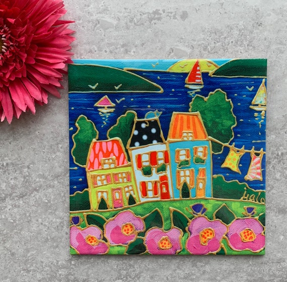 Ceramic tile square trivet colourful landscape pink flower sea sailboat art print ceramic