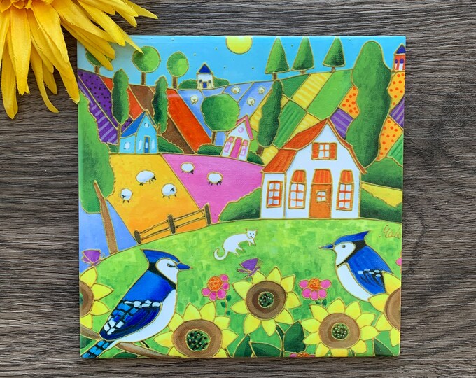 Featured listing image: Ceramic tile square trivet landscape blue jay sunflowers art print ceramic