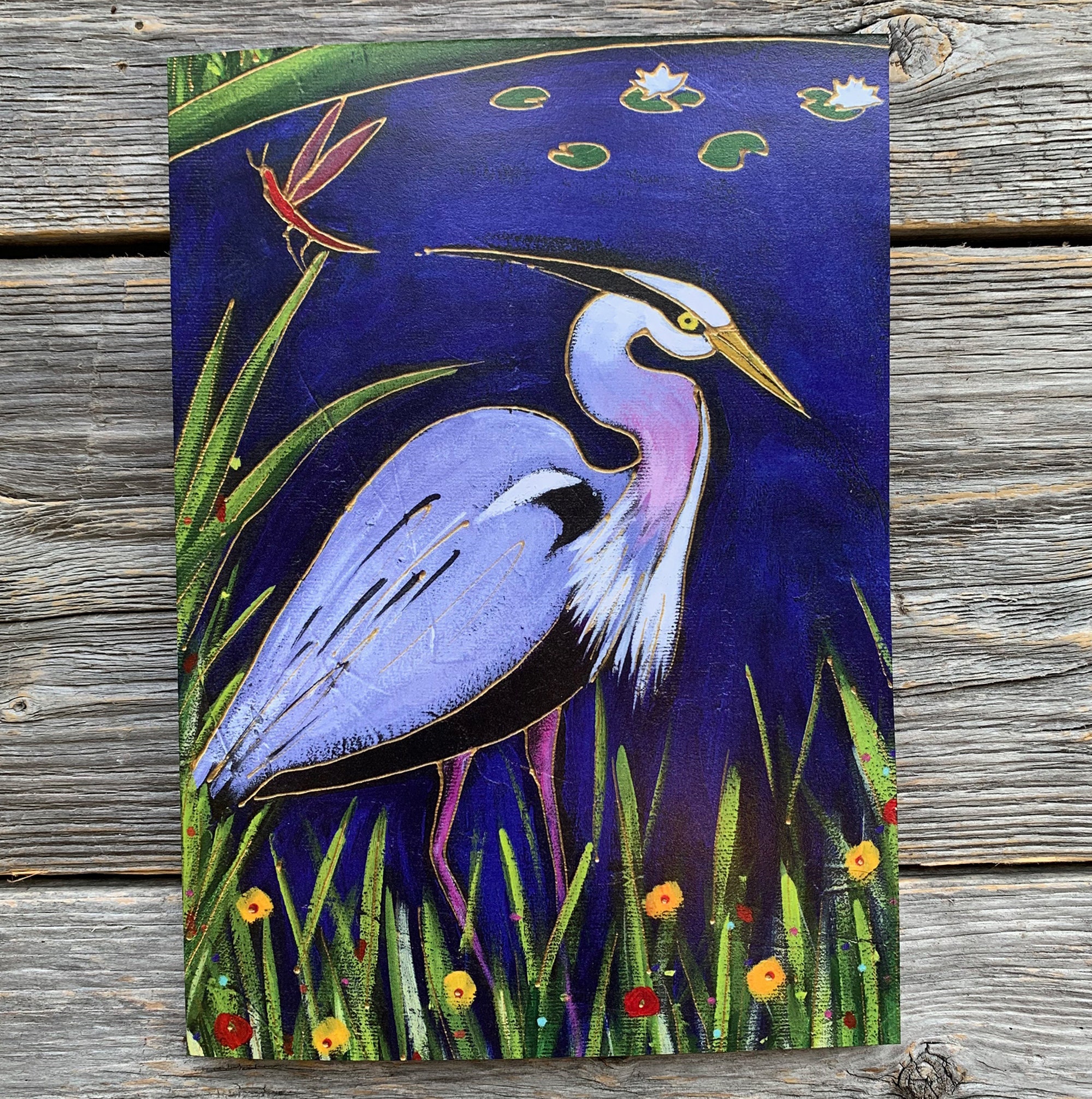 Greeting Card Blue Heron Red Dragonfly Gift Card Wishing Card