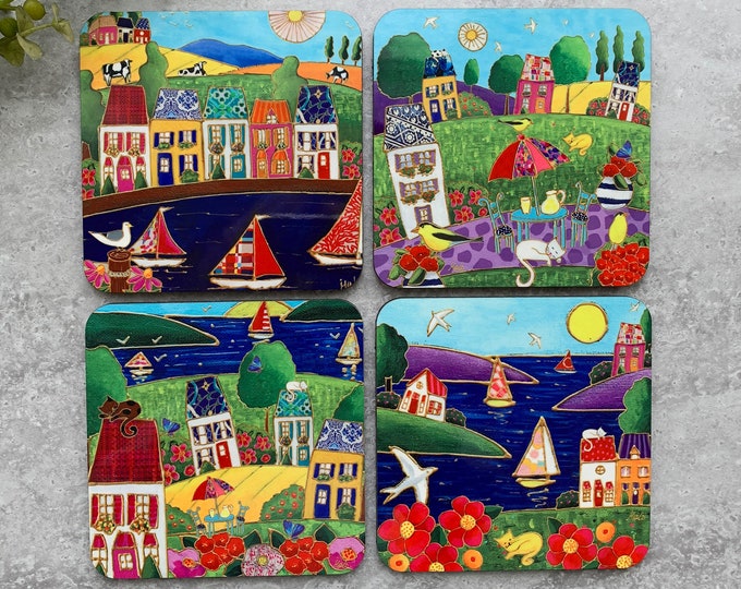 Featured listing image: Set of Coasters wood cork country landscape colourful house sailboat flower cat