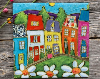 Ceramic tile square square trivet colourful house daisy art print ceramic