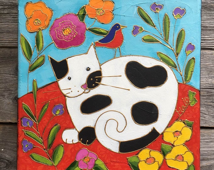 Original acrylic painting on canvas black white cat