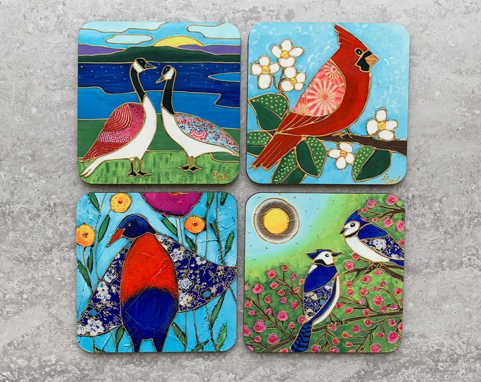 Set of Coasters wood cork goose blue and orange bird red cardinal