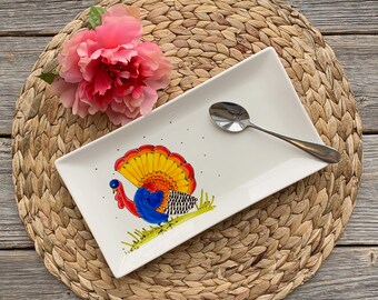 Rectangle porcelain plate colourful wild turkey hand painted