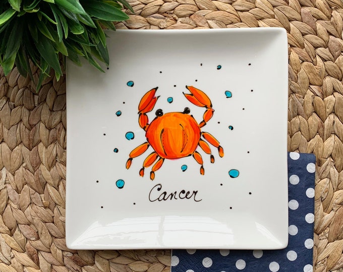 Small square porcelain plate Zodiac sign Cancer orange crab tray hand painted