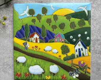 Trivet Ceramic tile square colourful landscape sheep butterfly art print ceramic