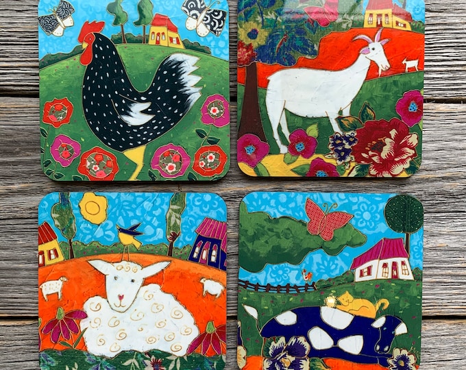 Set of Coasters wood cork colourful landscape rooster hen cow sheep