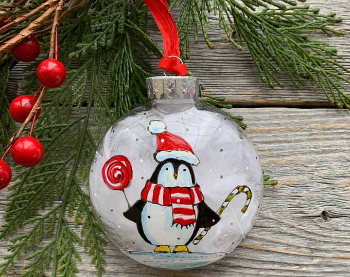 Christmas ball ornement hand painted Penguin candy